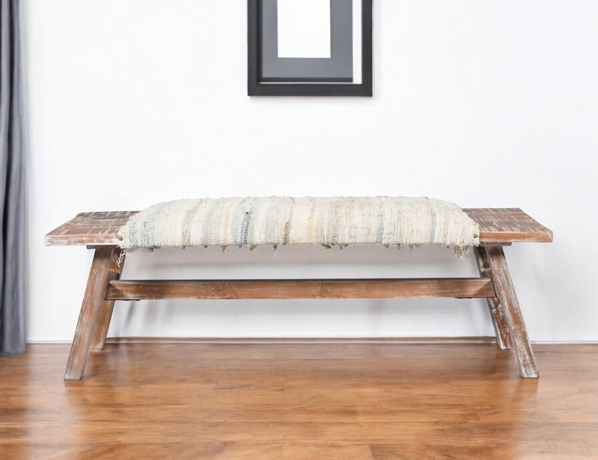 50'' White and Brown Cotton Upholstered Striped Bench