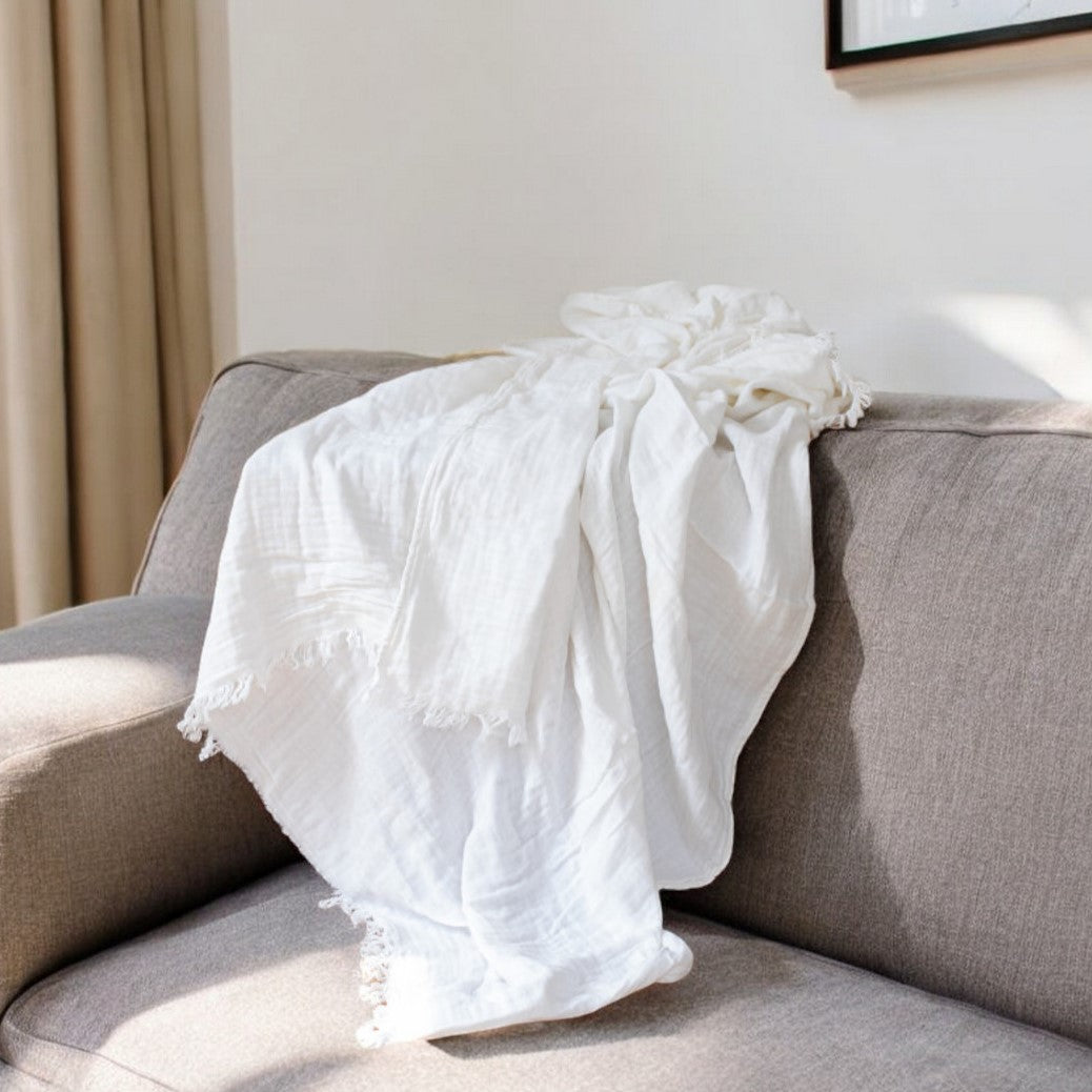 47'' X 60'' White Cotton Woven Turkish Towel Throw Blanket with Fringe