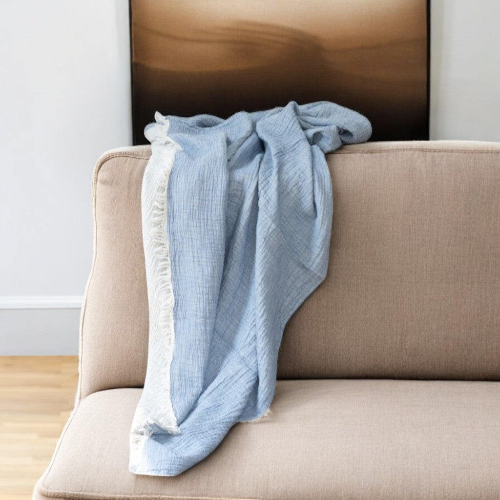 47'' X 60'' Blue Cotton Woven Turkish Towel Throw Blanket with Fringe