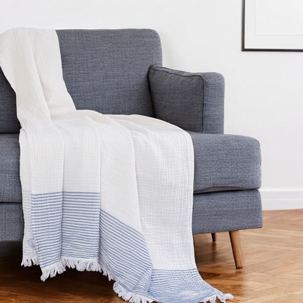 47'' X 60'' Blue and Ivory Cotton Woven Striped Throw Blanket with Fringe