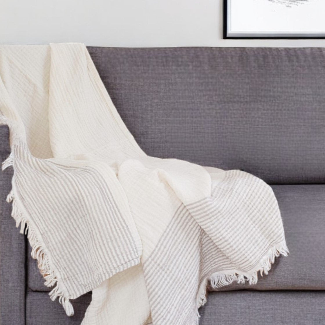 47'' X 60'' Beige and Ivory Cotton Woven Striped Throw Blanket with Fringe