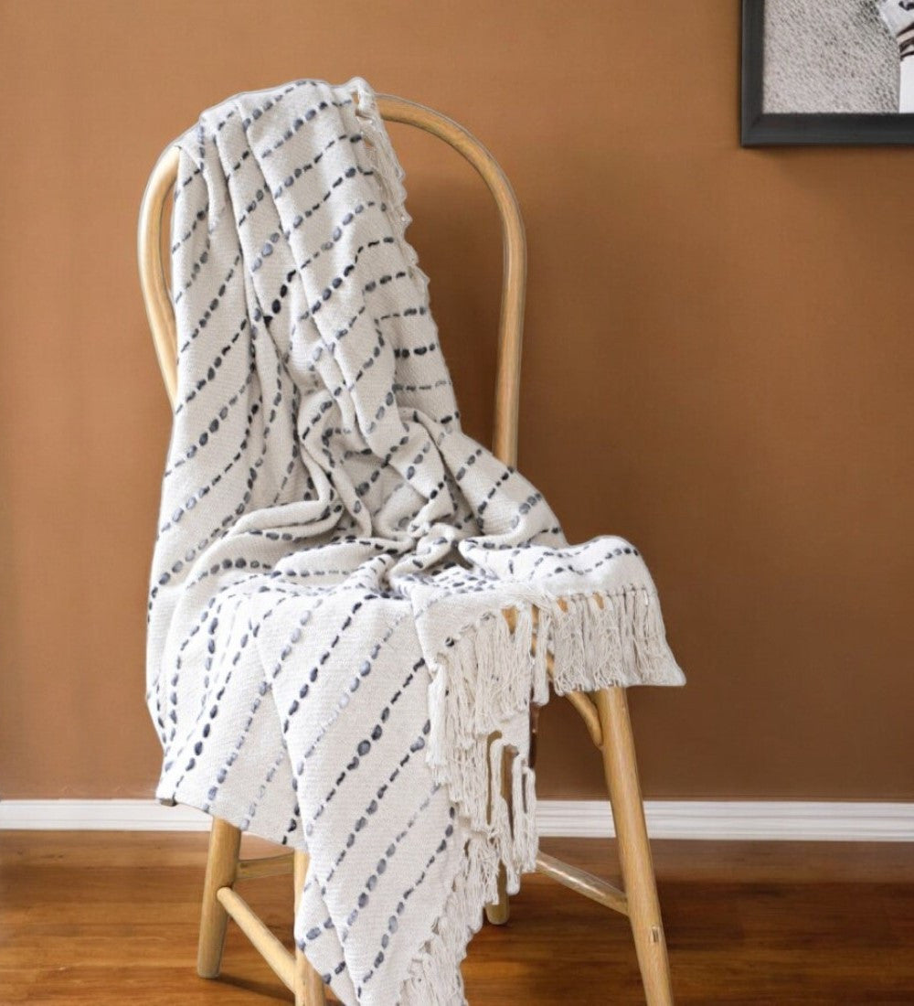 50'' X 60'' White And Navy Blue Cotton Blend Woven Striped Throw Blanket with Fringe