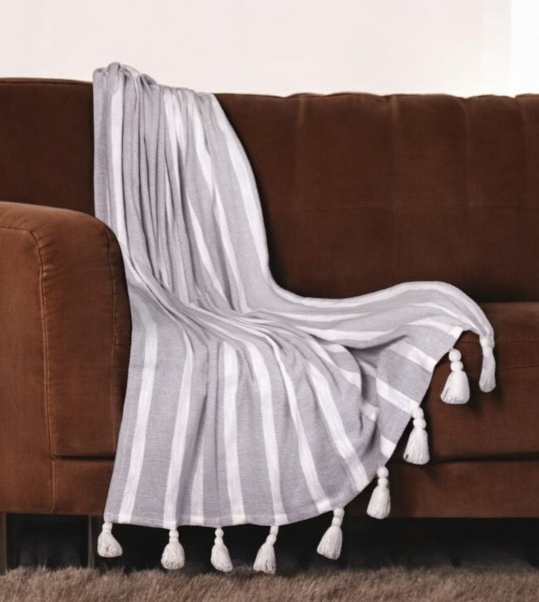 50'' X 60'' Gray and White Woven Cotton Striped Throw Blanket with Tassels