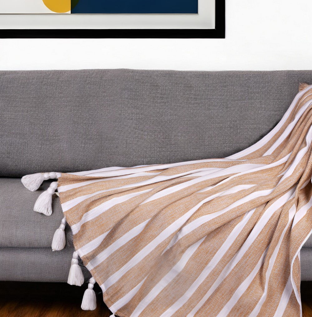 50'' X 60'' Gold and Ivory Woven Cotton Striped Throw Blanket with Tassels