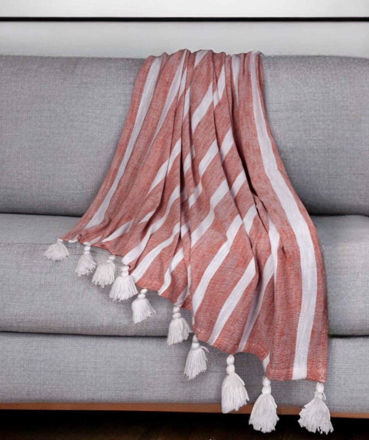 50'' X 60'' Rust Woven Cotton Striped Throw Blanket with Tassels