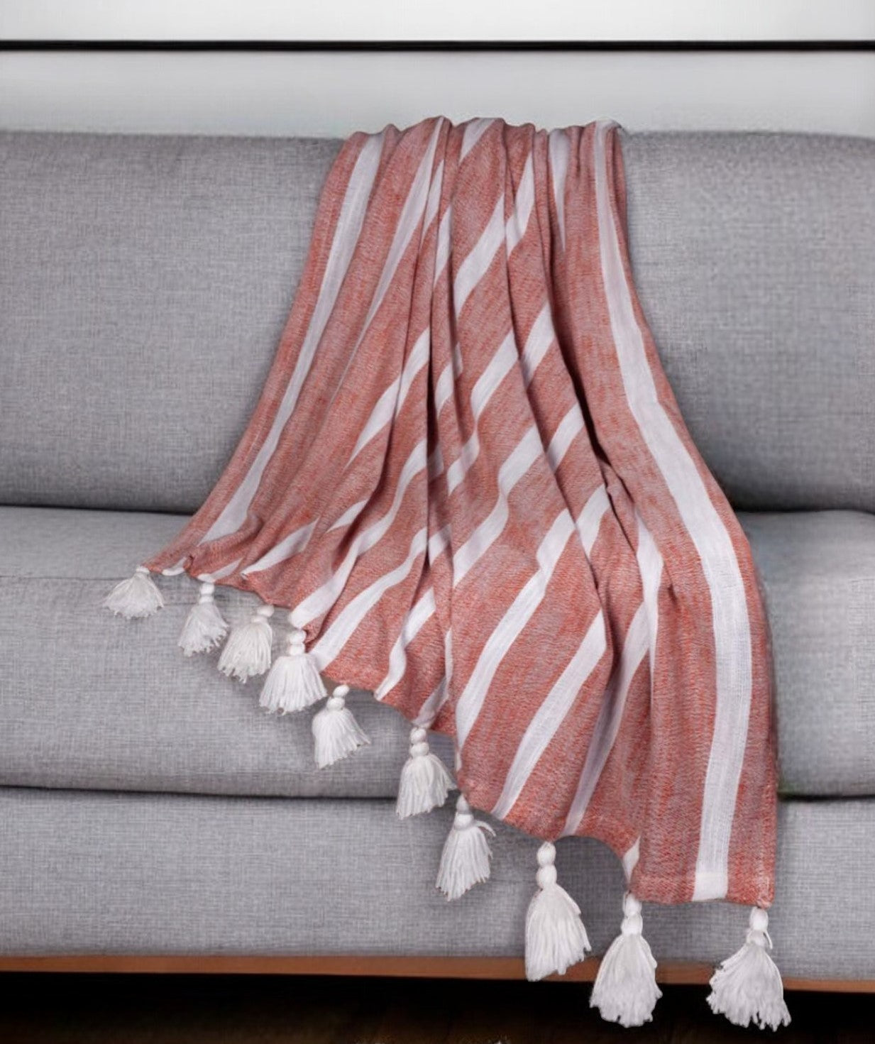 50'' X 60'' Rust Woven Cotton Striped Throw Blanket with Tassels