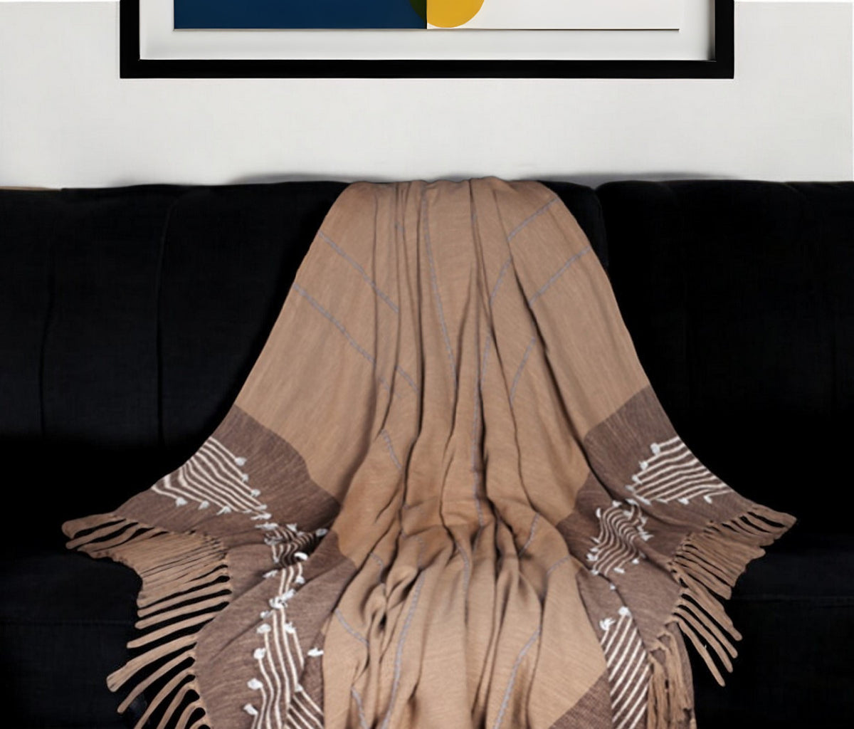 50'' X 60'' Brown and Beige Woven Cotton Striped Throw Blanket with Tassels and Embroidery