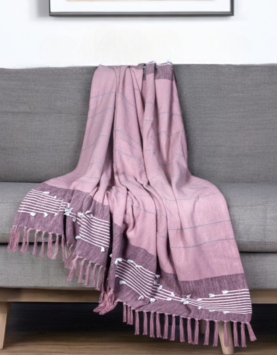 50'' X 60'' Pink Woven Cotton Striped Throw Blanket with Tassels and Embroidery