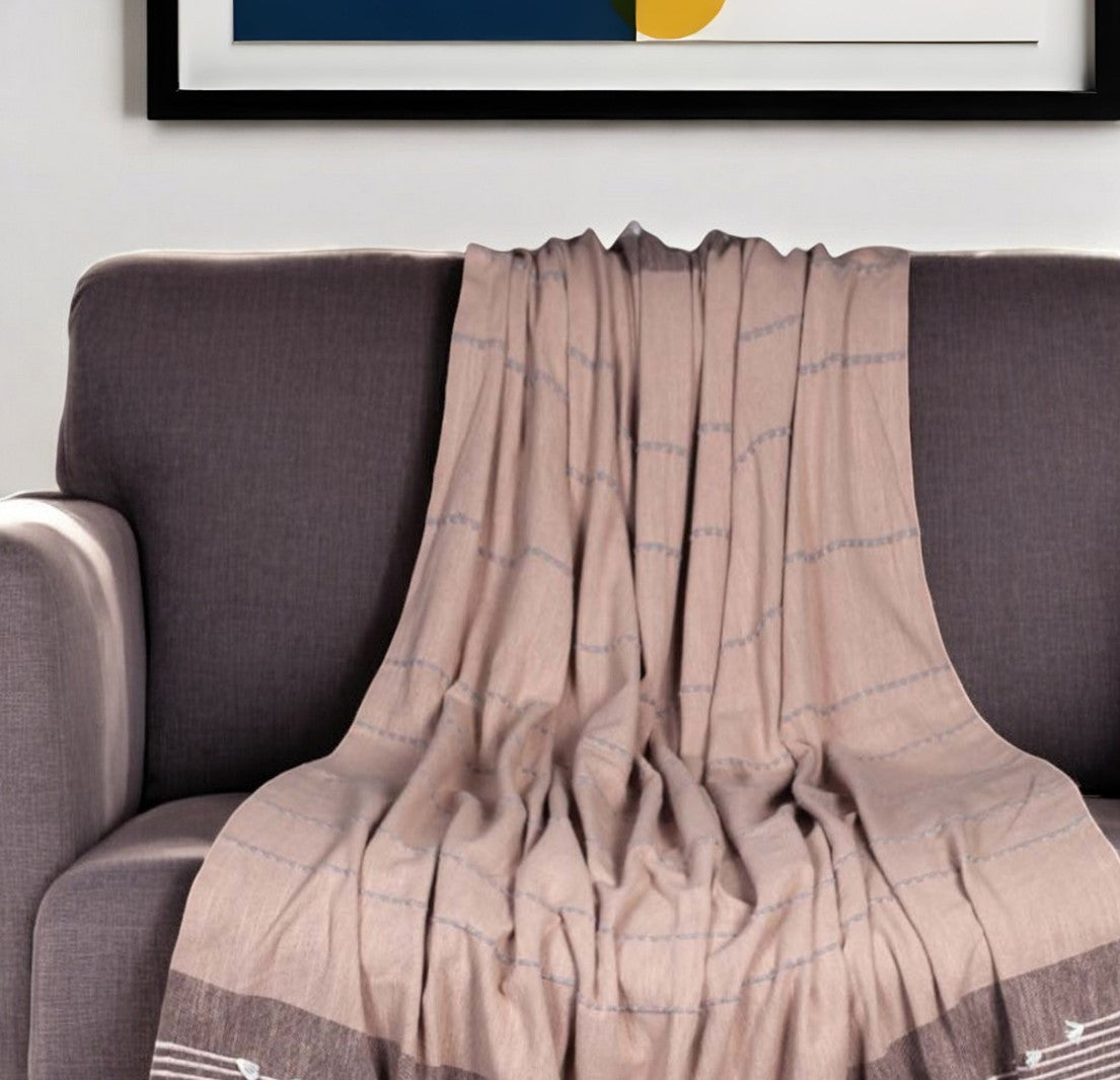 50'' X 60'' Taupe and Gray Woven Cotton Striped Throw Blanket with Fringe