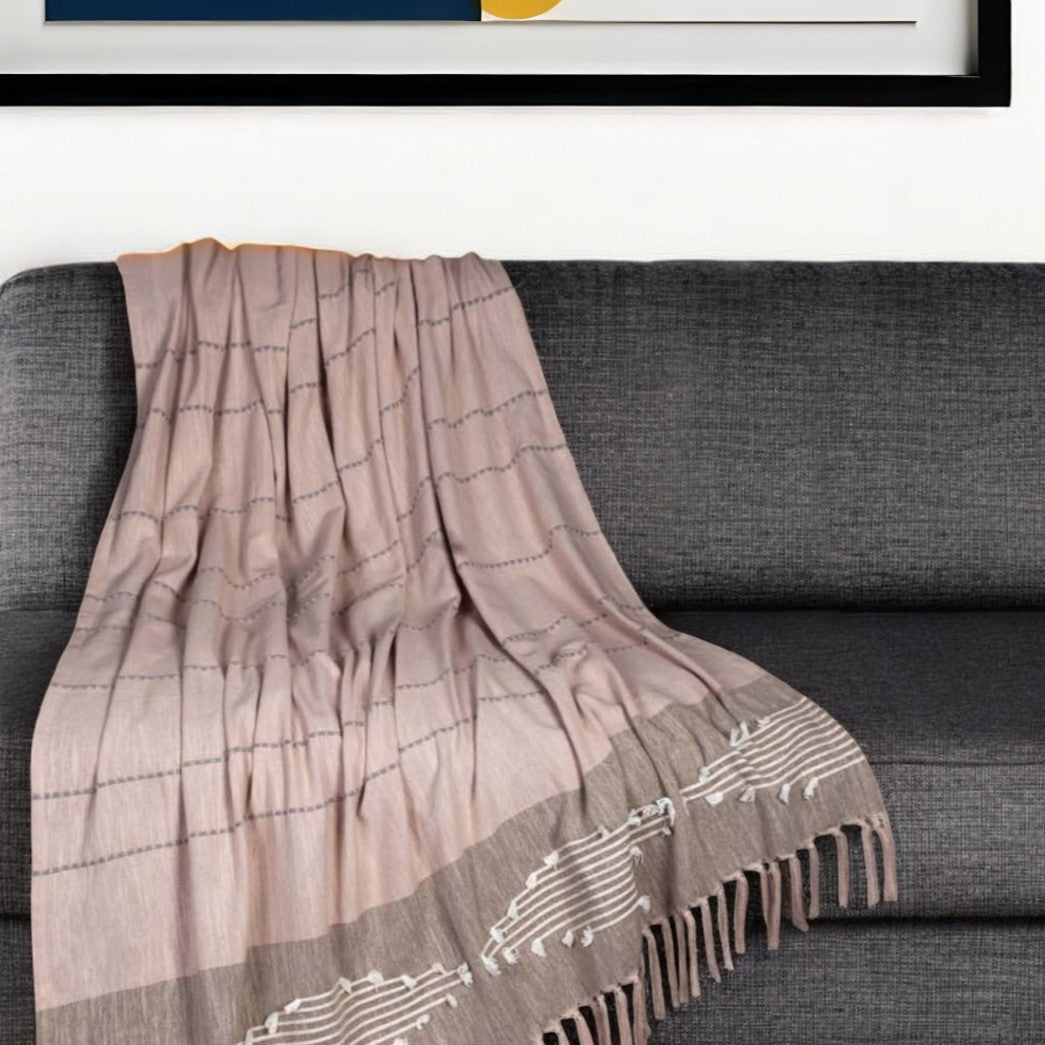 50'' X 60'' Brown and Tan Woven Cotton Striped Throw Blanket with Fringe and Embroidery