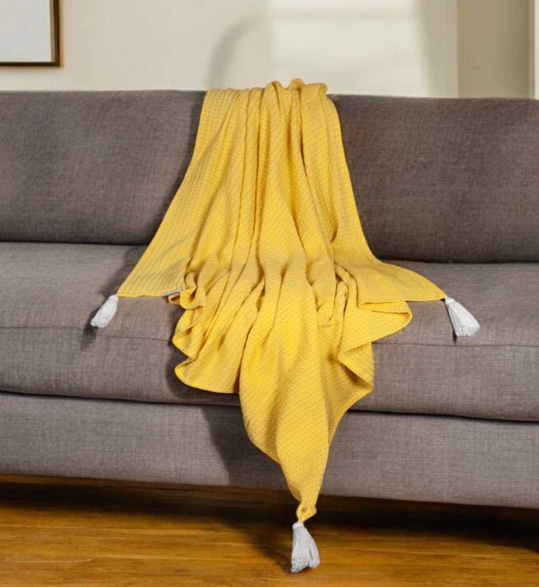 50'' X 60'' Yellow Woven Cotton Throw Blanket with Tassels