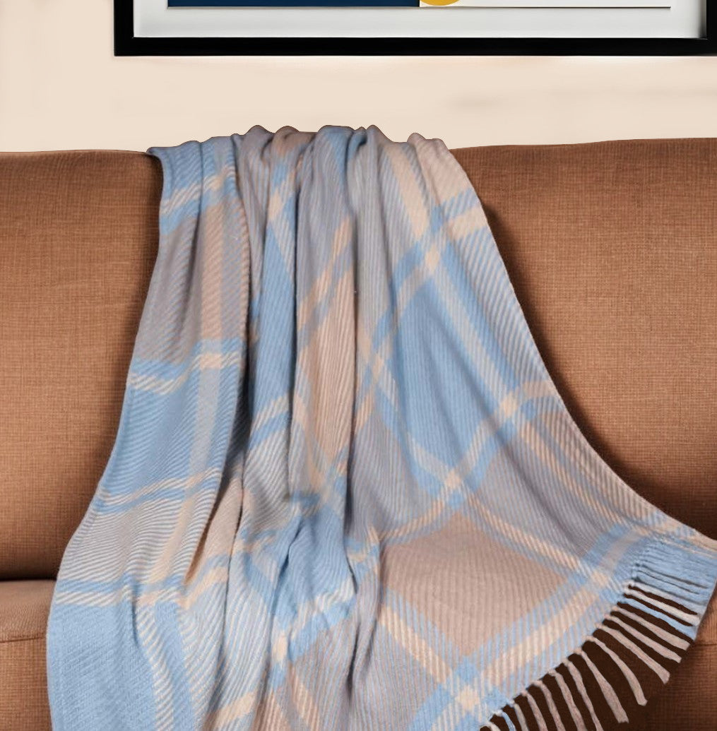 50'' X 60'' Blue Gray and Beige Woven Cotton Plaid Throw Blanket with Fringe