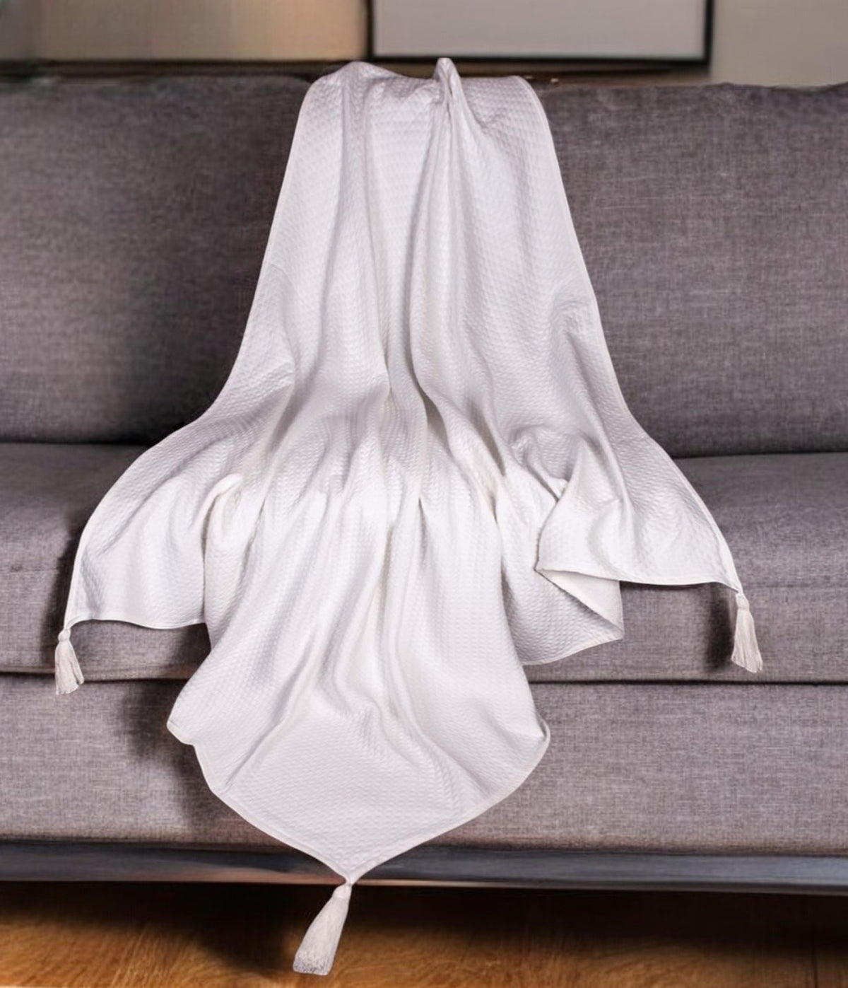 60'' X 50'' White Woven Cotton Throw Blanket