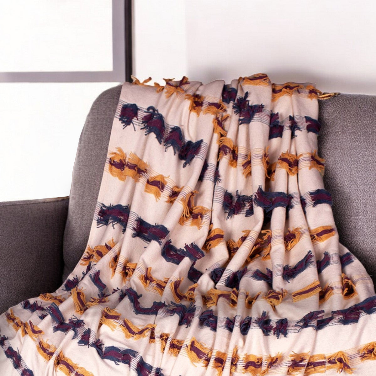 50'' X 60'' Ivory Blue and Yellow Woven Cotton Striped Throw Blanket with Tassels and Fringe