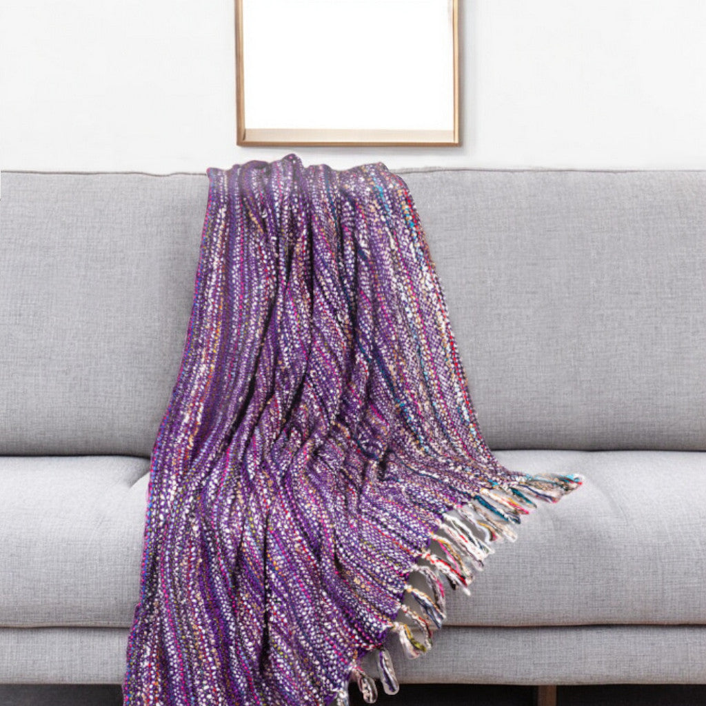 50'' X 60'' Purple Woven Acrylic Striped Throw Blanket with Fringe