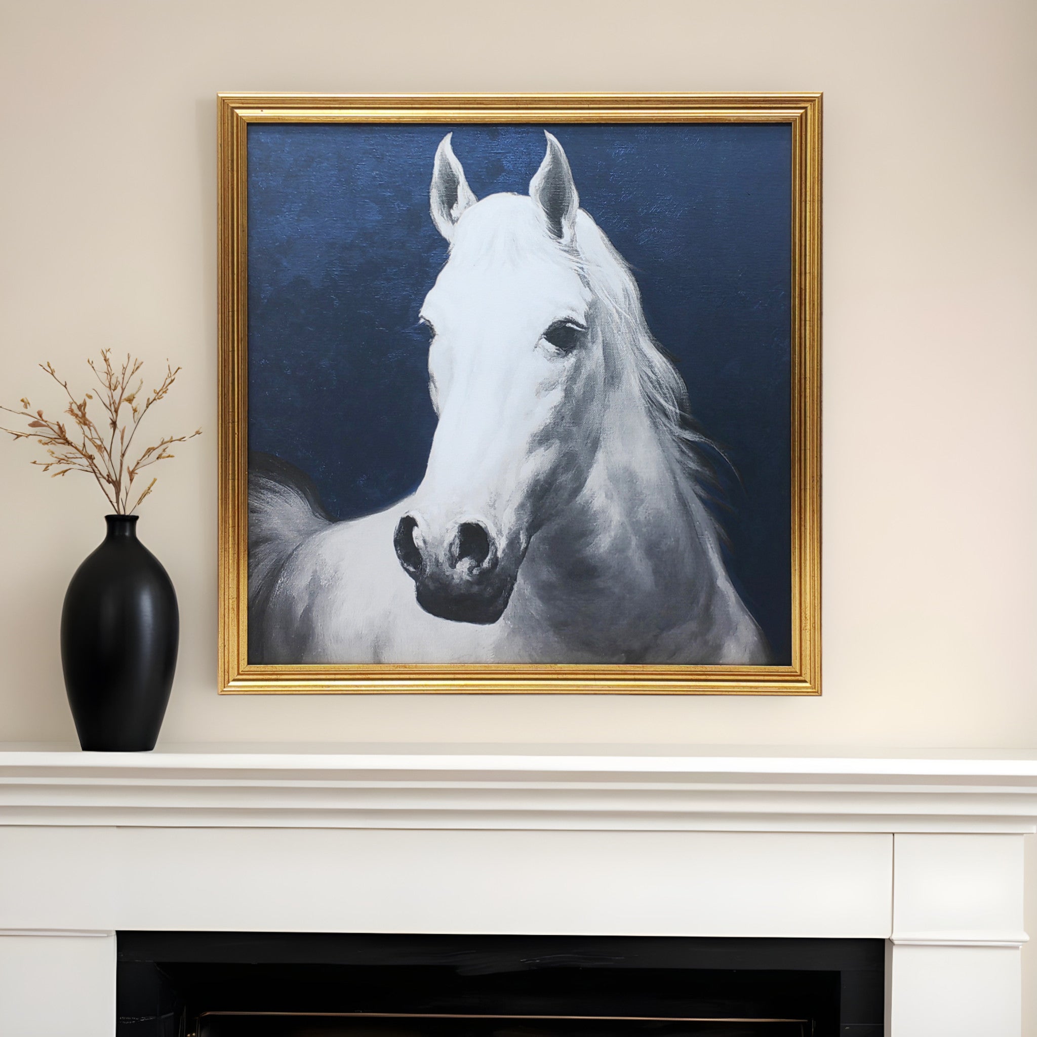 Blue And White Majestic Horse Gold Framed Print Wall Art