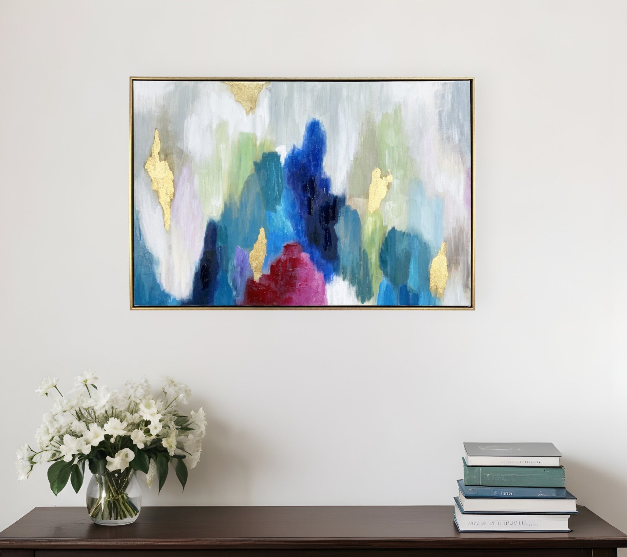 Blue and Multi Mod Abstract Gold Floater Frame Wall Art