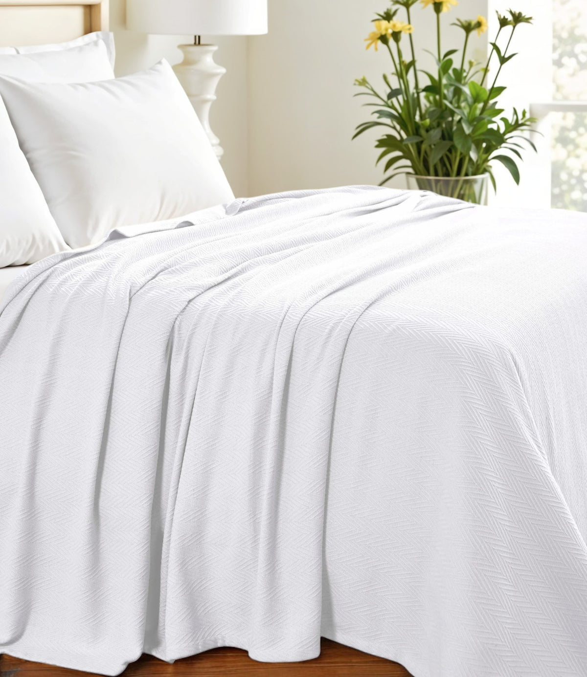 Twin White Cotton Woven Chevron Blanket