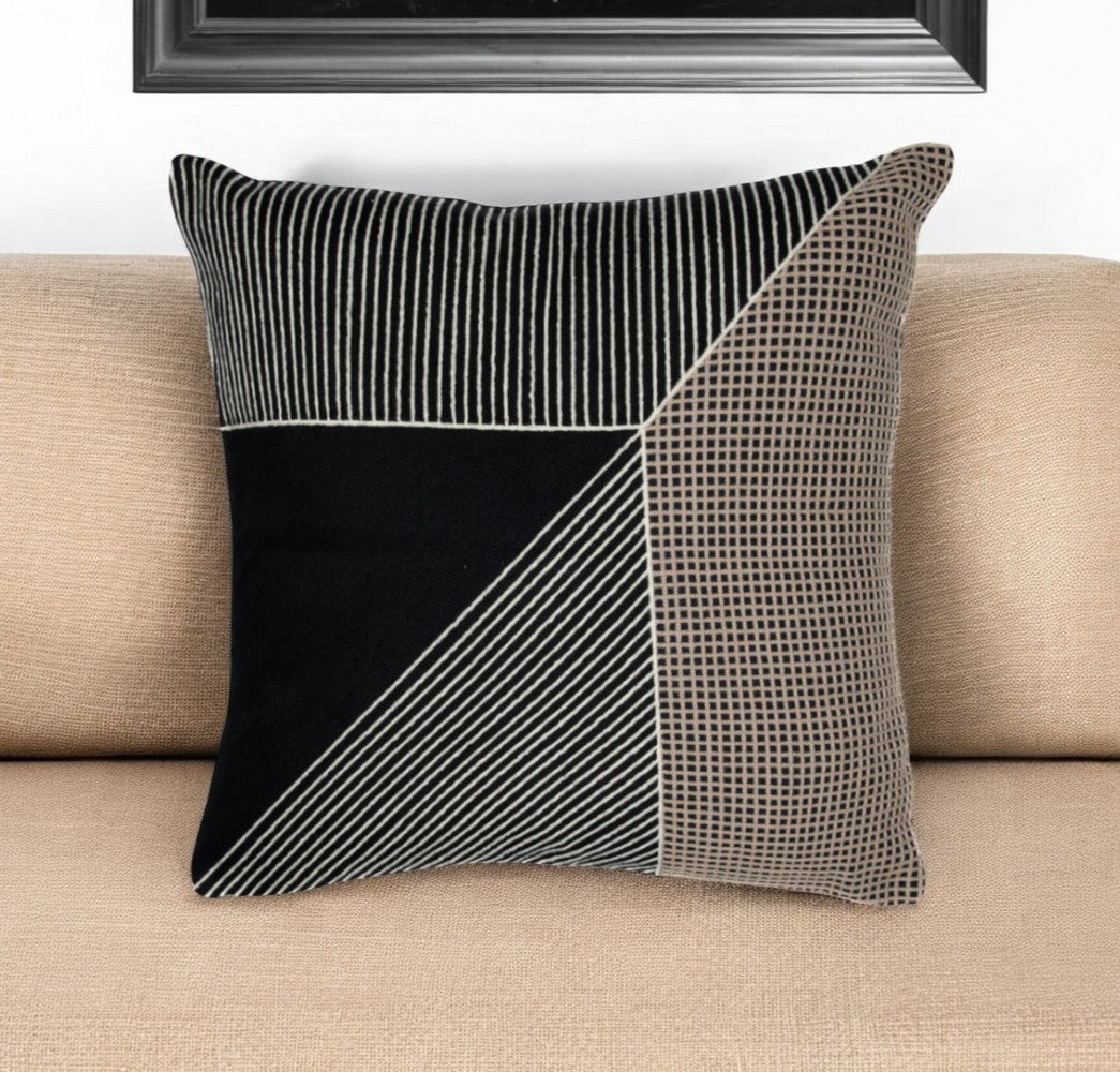 20'' Black and White Geometric Cotton Throw Pillow With Embroidery