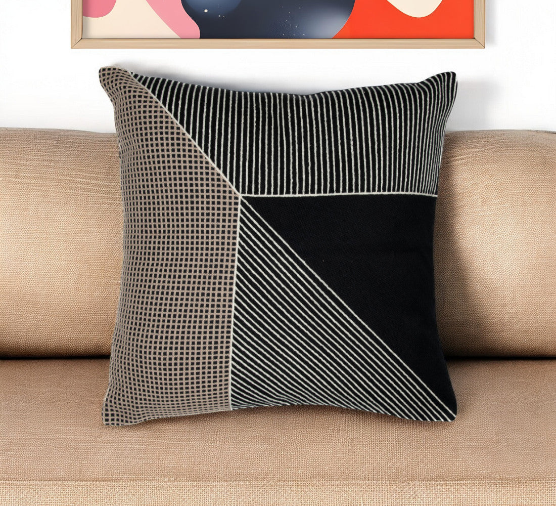24'' Black and White Geometric Cotton Throw Pillow  With Embroidery