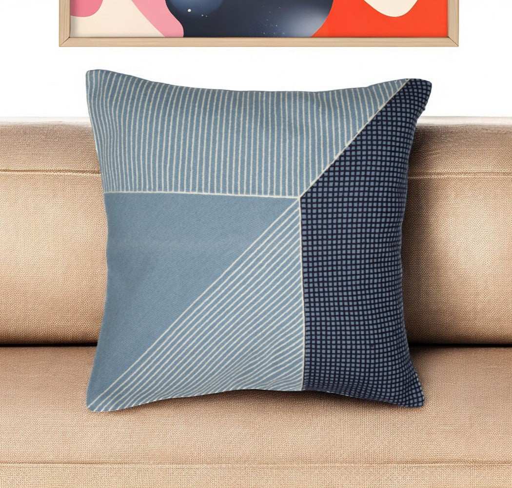 24'' Blue and White Geometric Cotton Throw Pillow With Embroidery