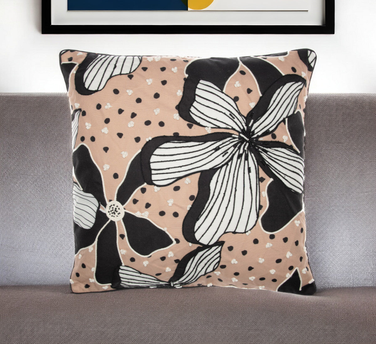 20'' Beige and Black Tropical Throw Pillow With Embroidery