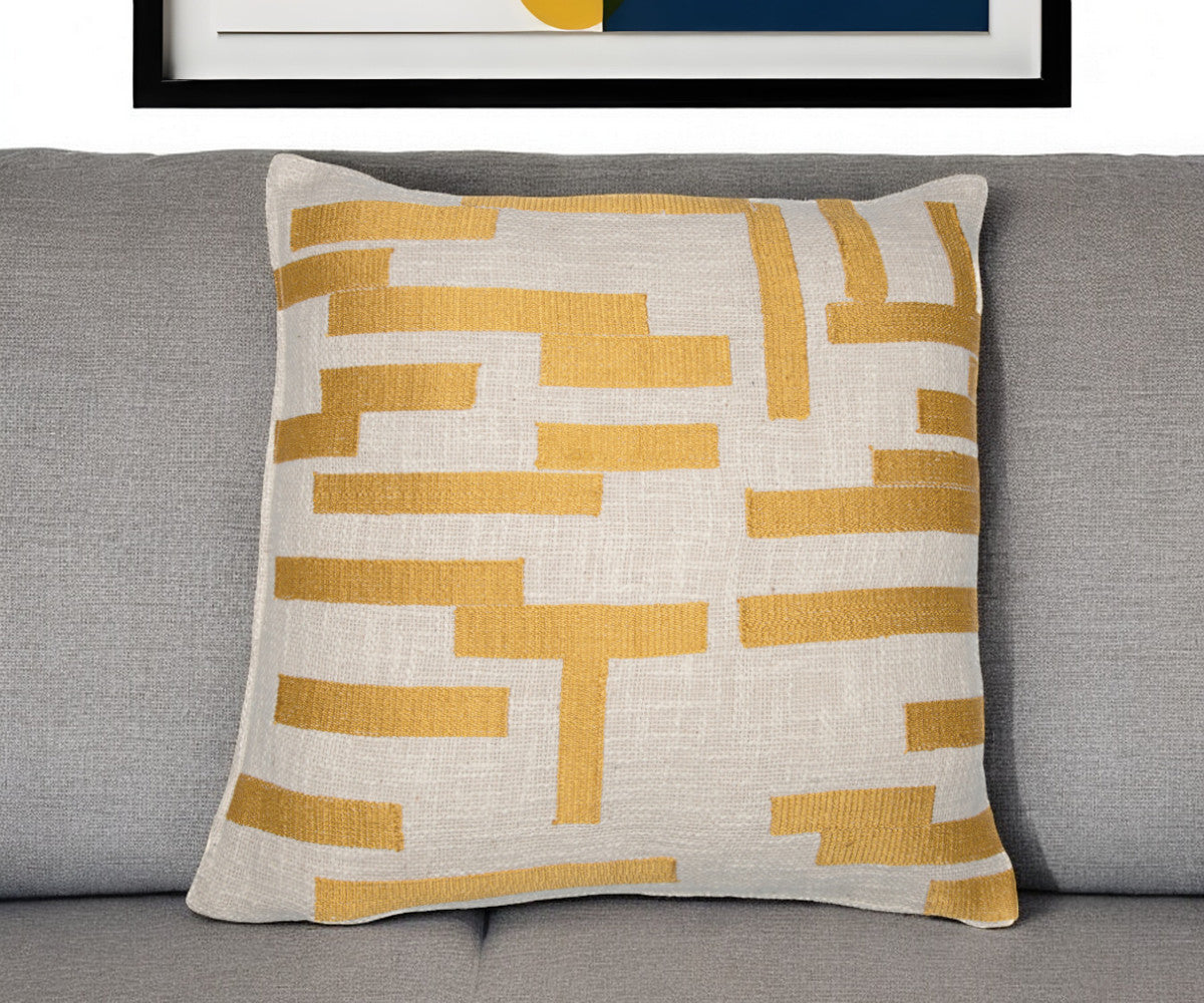 24'' Yellow and Ivory Geometric Cotton Blend Throw Pillow With Embroidery