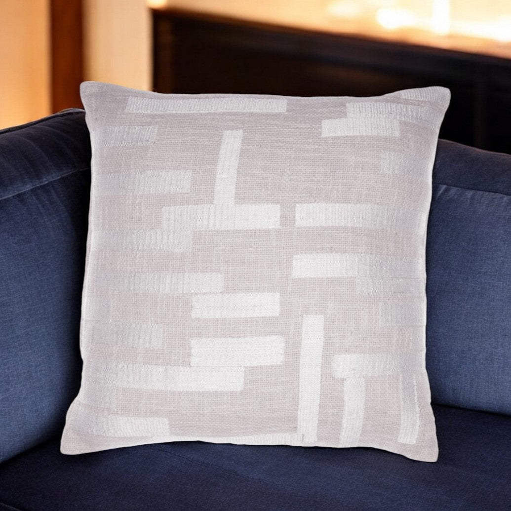 20'' Ivory Geometric Cotton Blend Throw Pillow With Embroidery