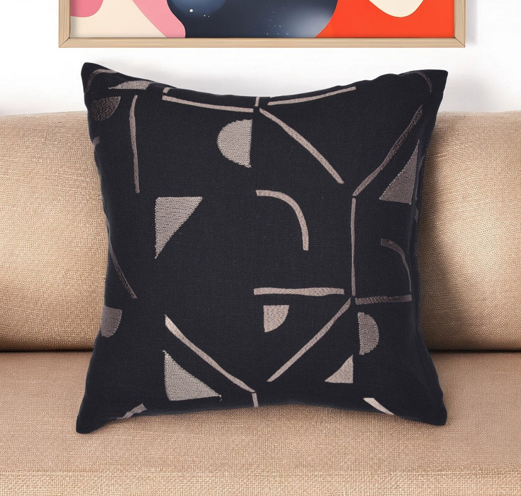 24'' Beige and Black Geometric Cotton Blend Throw Pillow With Embroidery