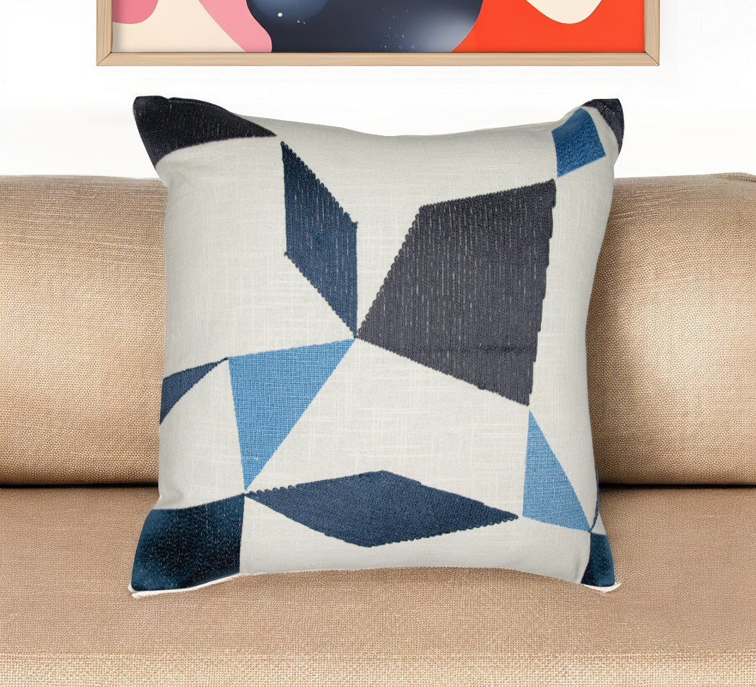 24'' Ivory and Blue Geometric Cotton Blend Throw Pillow  With Embroidery
