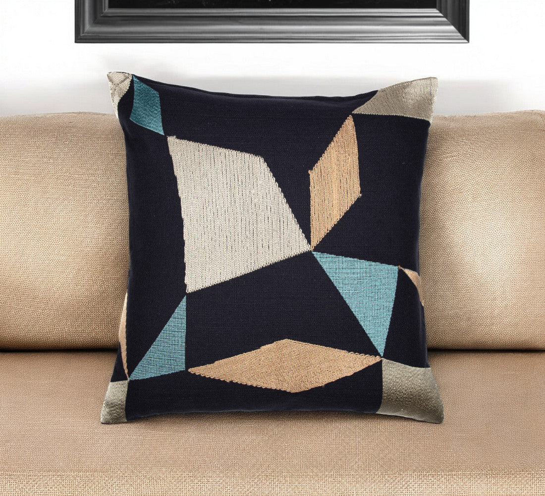 20'' Blue and Beige Geometric Cotton Blend Throw Pillow With Embroidery
