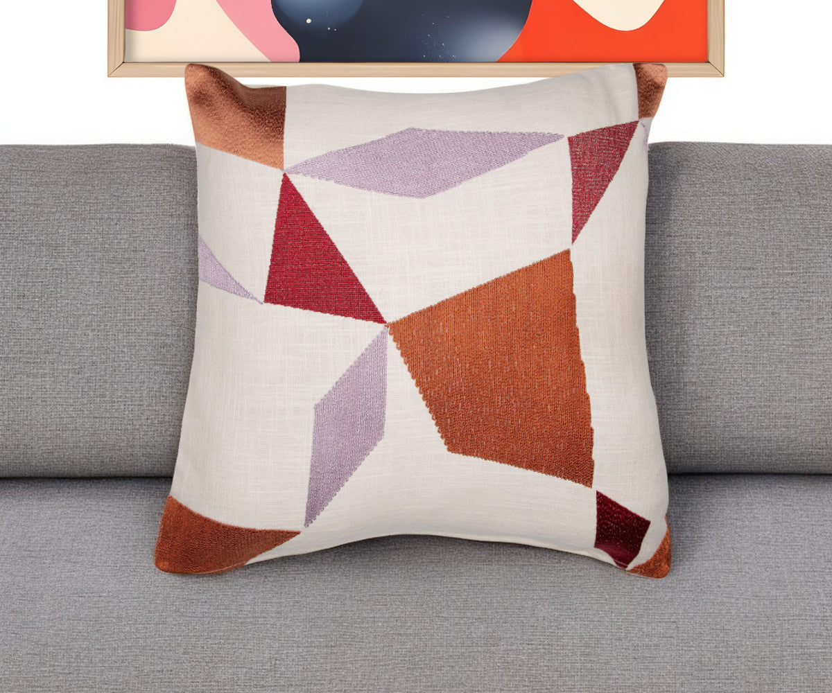 20'' Ivory Red and Orange Geometric Cotton Blend Throw Pillow With Embroidery