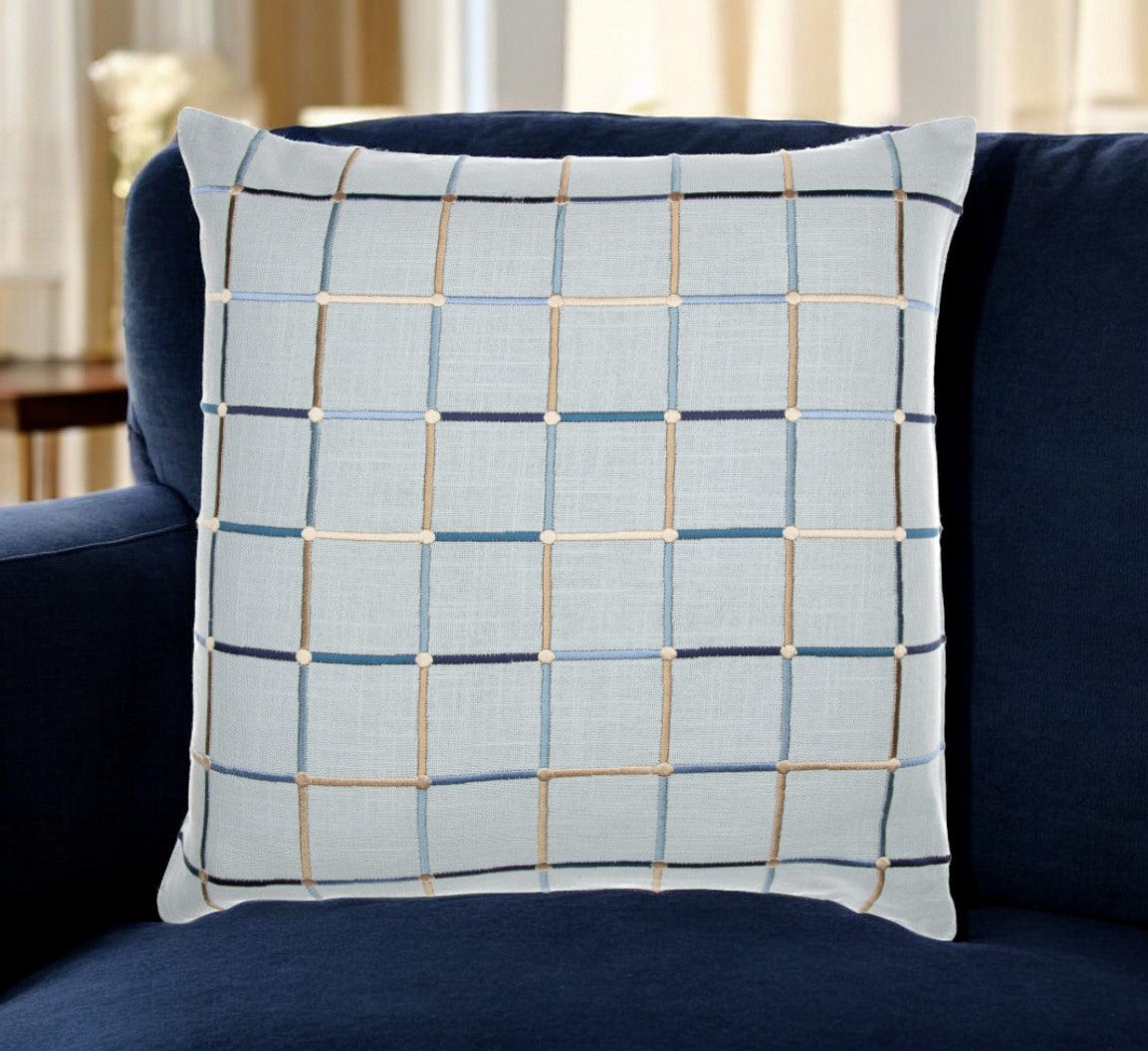 24'' Light Blue Check Cotton Blend Throw Pillow  With Embroidery