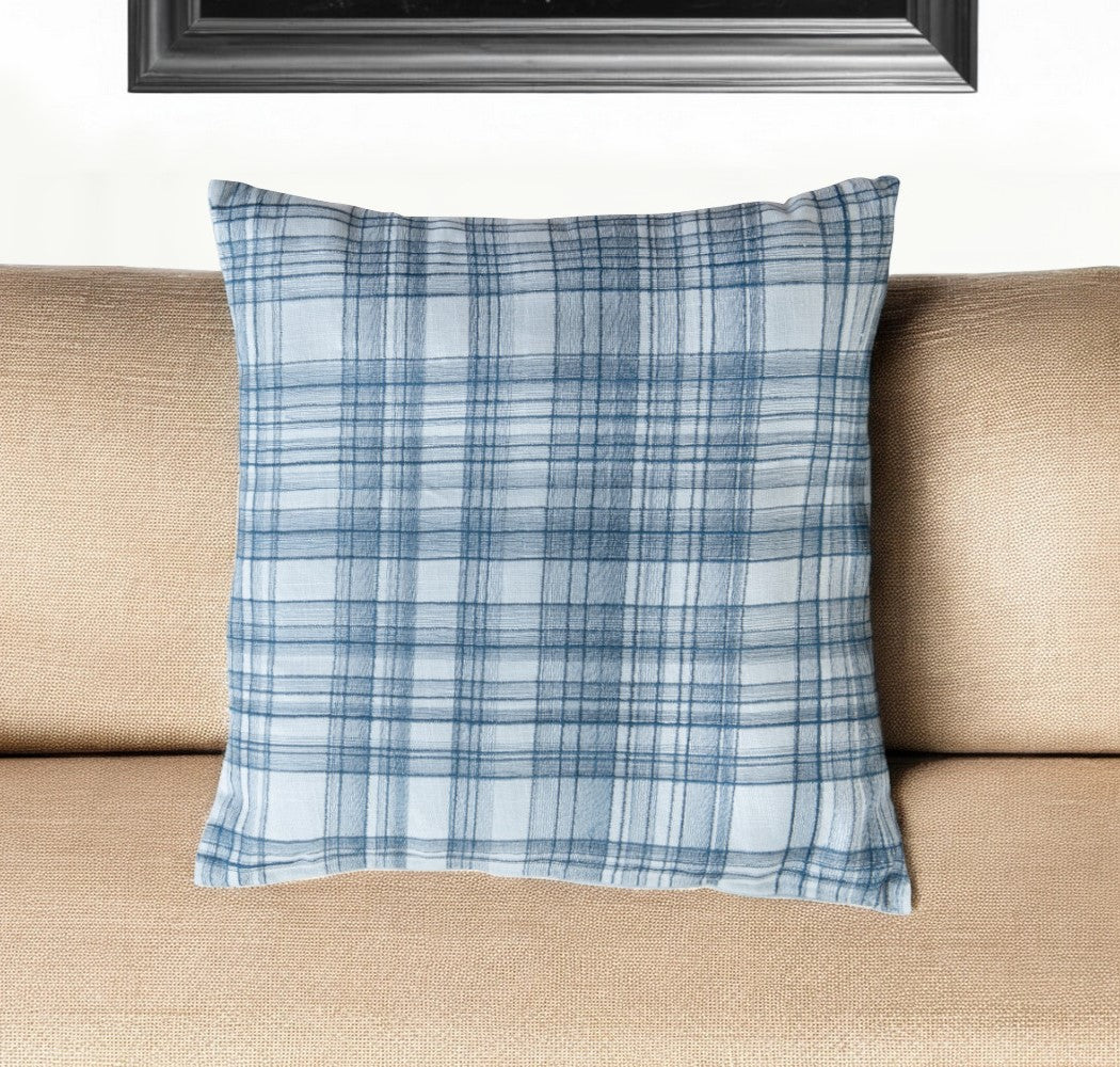 20'' Blue Check Cotton Blend Throw Pillow With Embroidery
