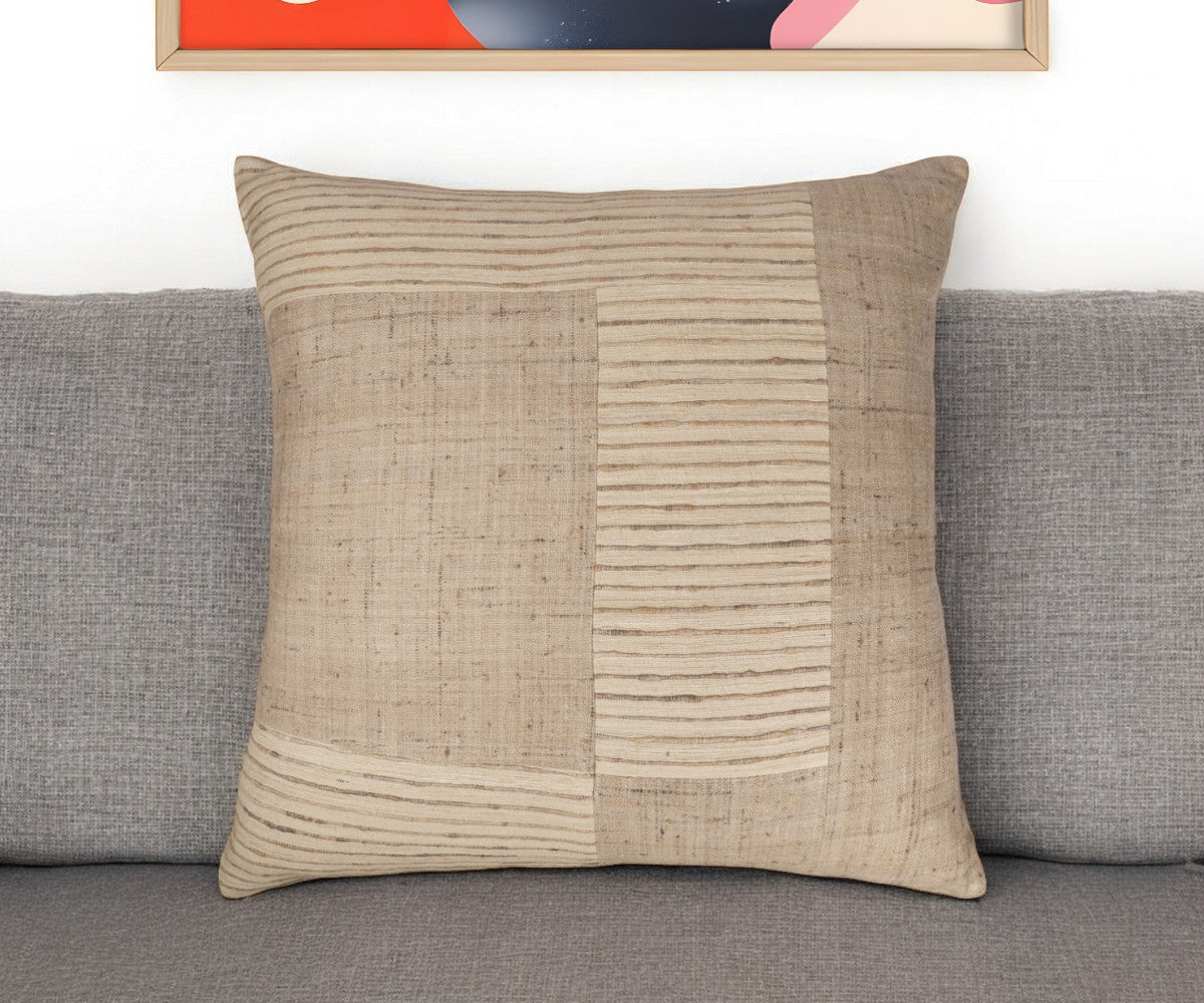 24'' Brown and Beige Geometric Silk Throw Pillow With Embroidery