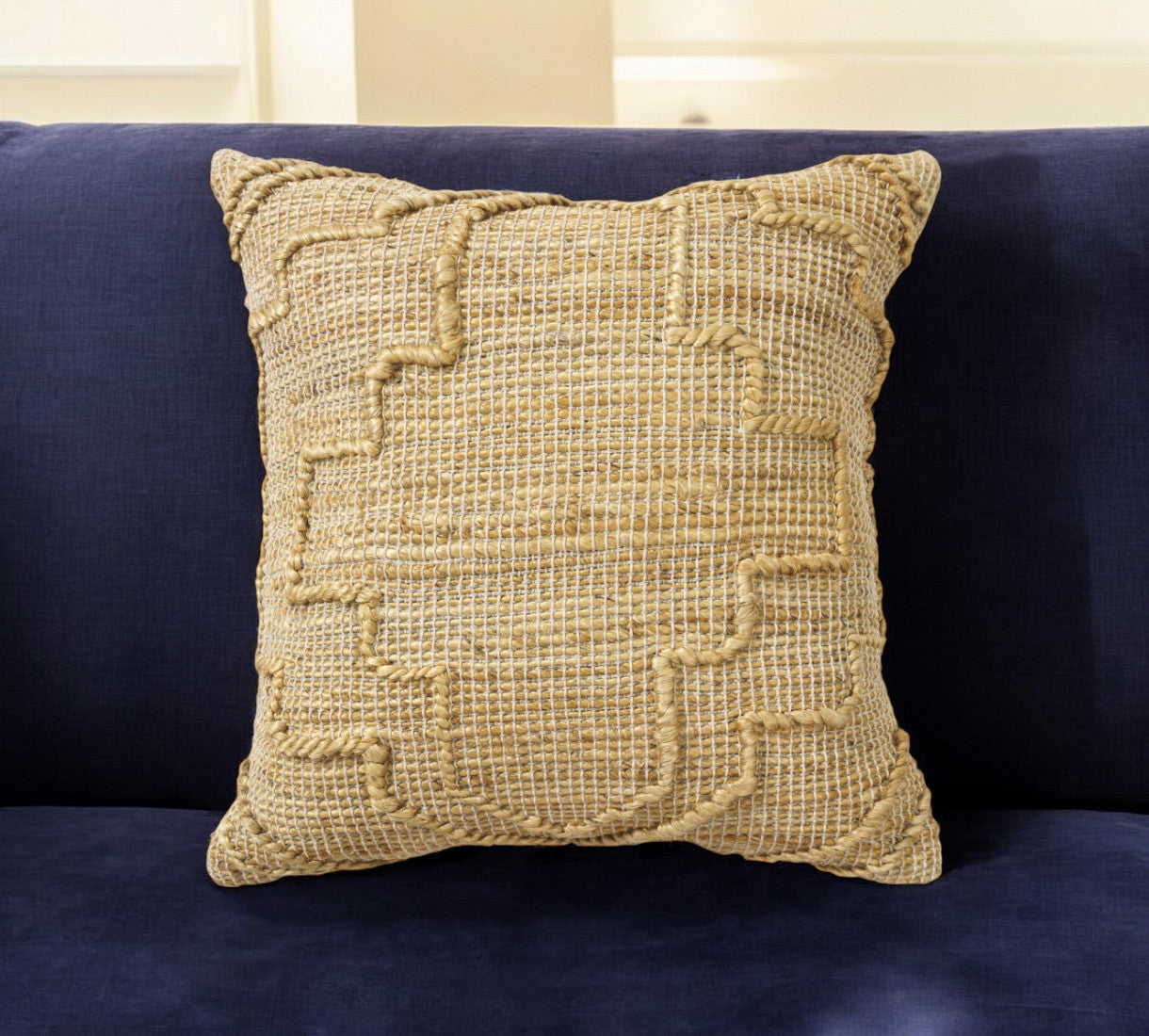 22'' Natural Trellis Jute Throw Pillow With Embroidery