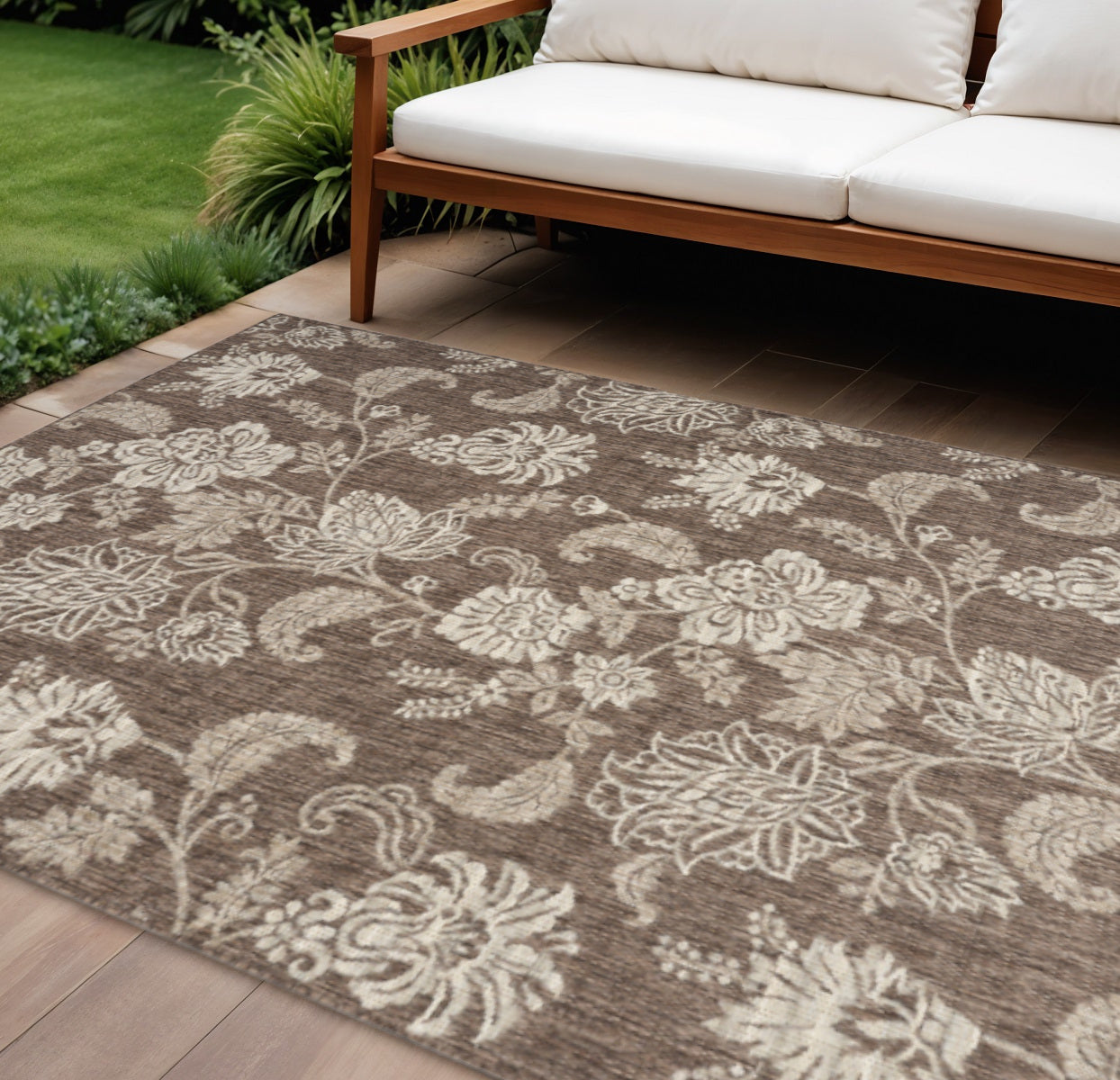 6 X 9 Brown And Ivory Floral Indoor Outdoor Area Rug