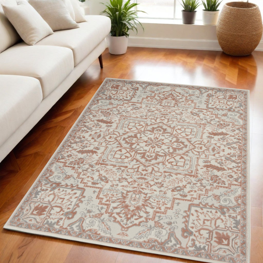 5' X 7' Ivory and Light Taupe Floral Non Skid Area Rug