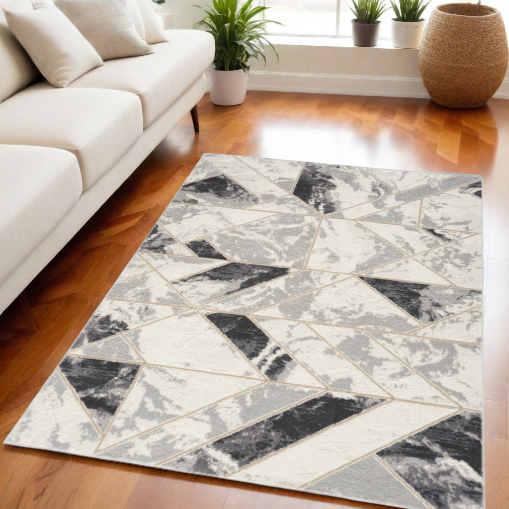 5' X 7' Ivory Black and Gray Abstract Non Skid Area Rug