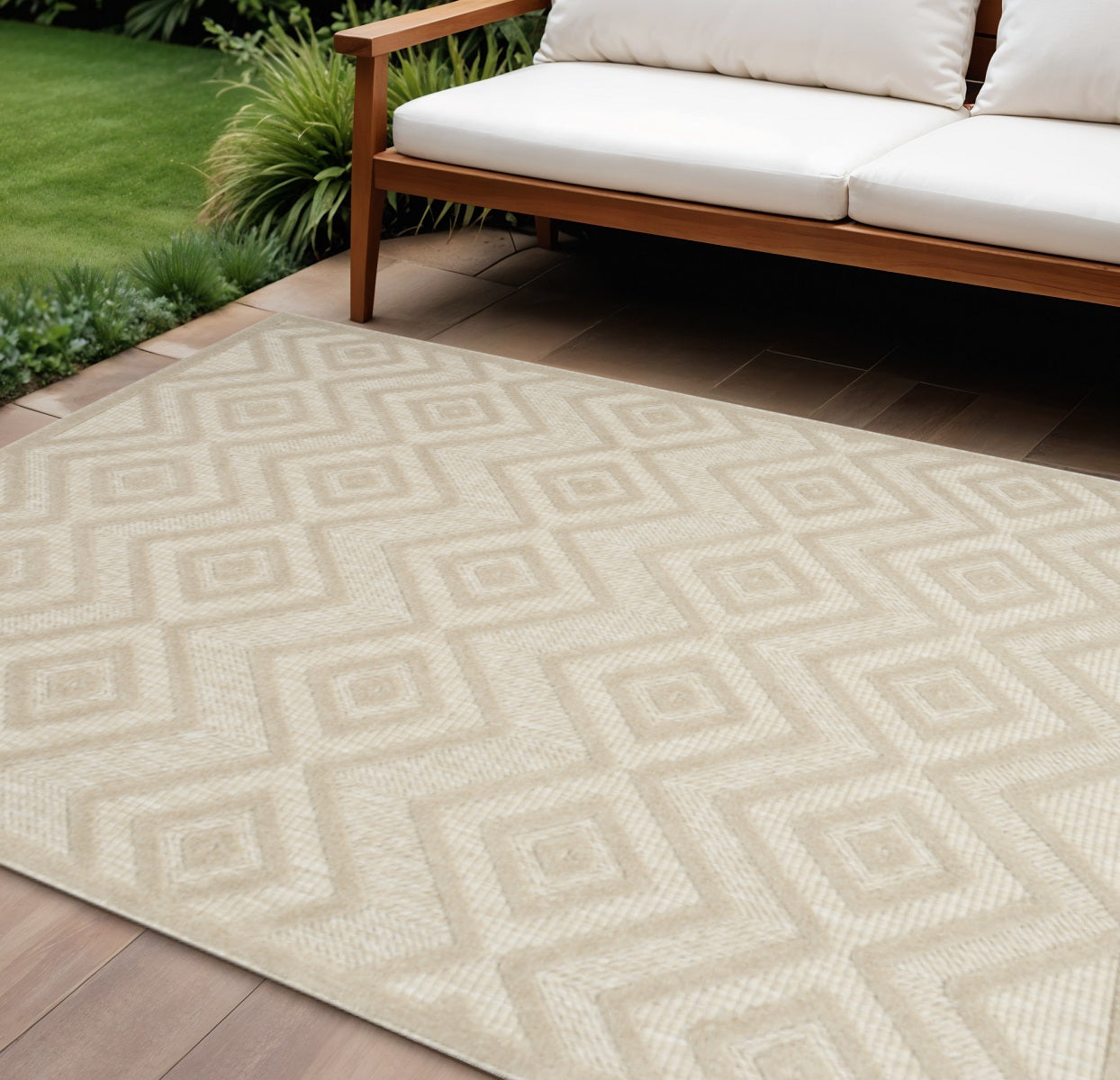 6 X 9 Cream And Beige Geometric Indoor Outdoor Area Rug