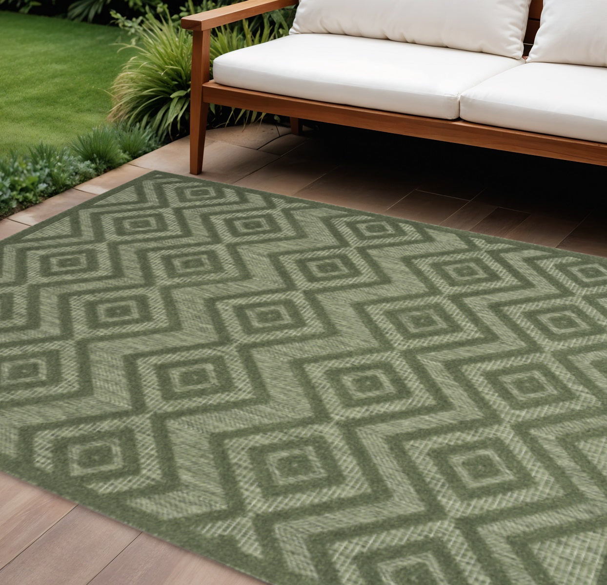 6 X 9 Dark Green And Light Green Geometric Indoor Outdoor Area Rug
