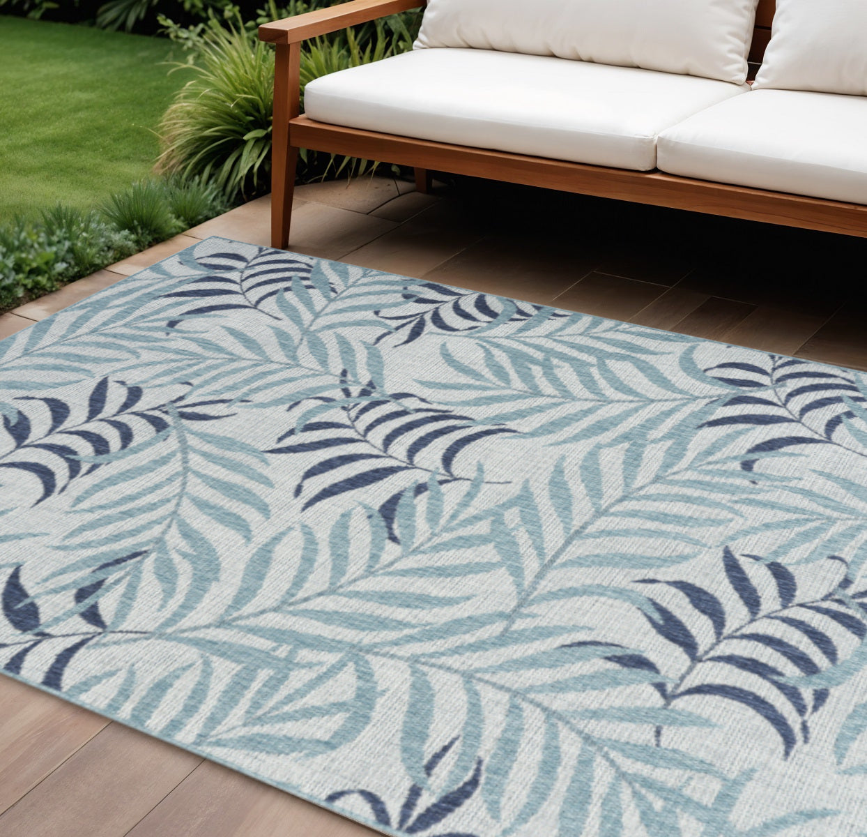 6 X 9 Sky Blue And Blue Palm Leaf Indoor Outdoor Area Rug