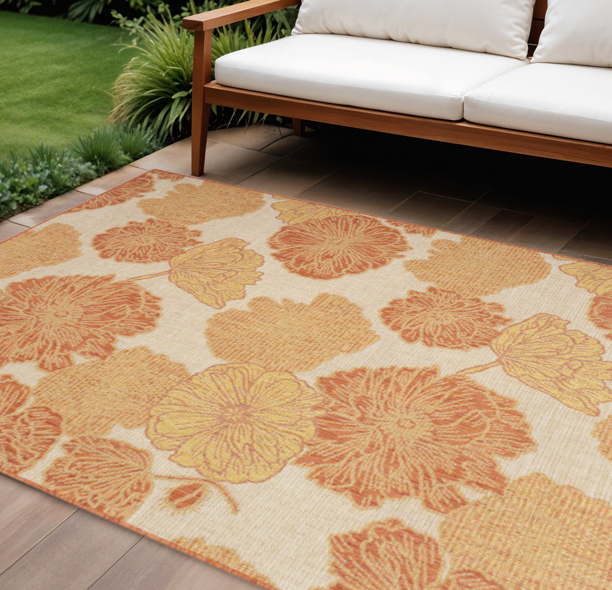 6 X 9 Orange And Ivory Floral Indoor Outdoor Area Rug