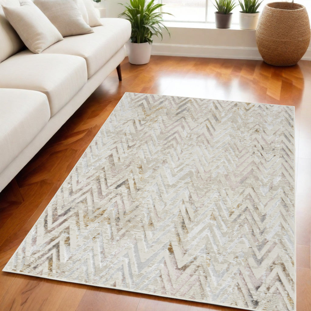 5' X 7' Beige Blue and Ivory Chevron Distressed Non Skid Area Rug