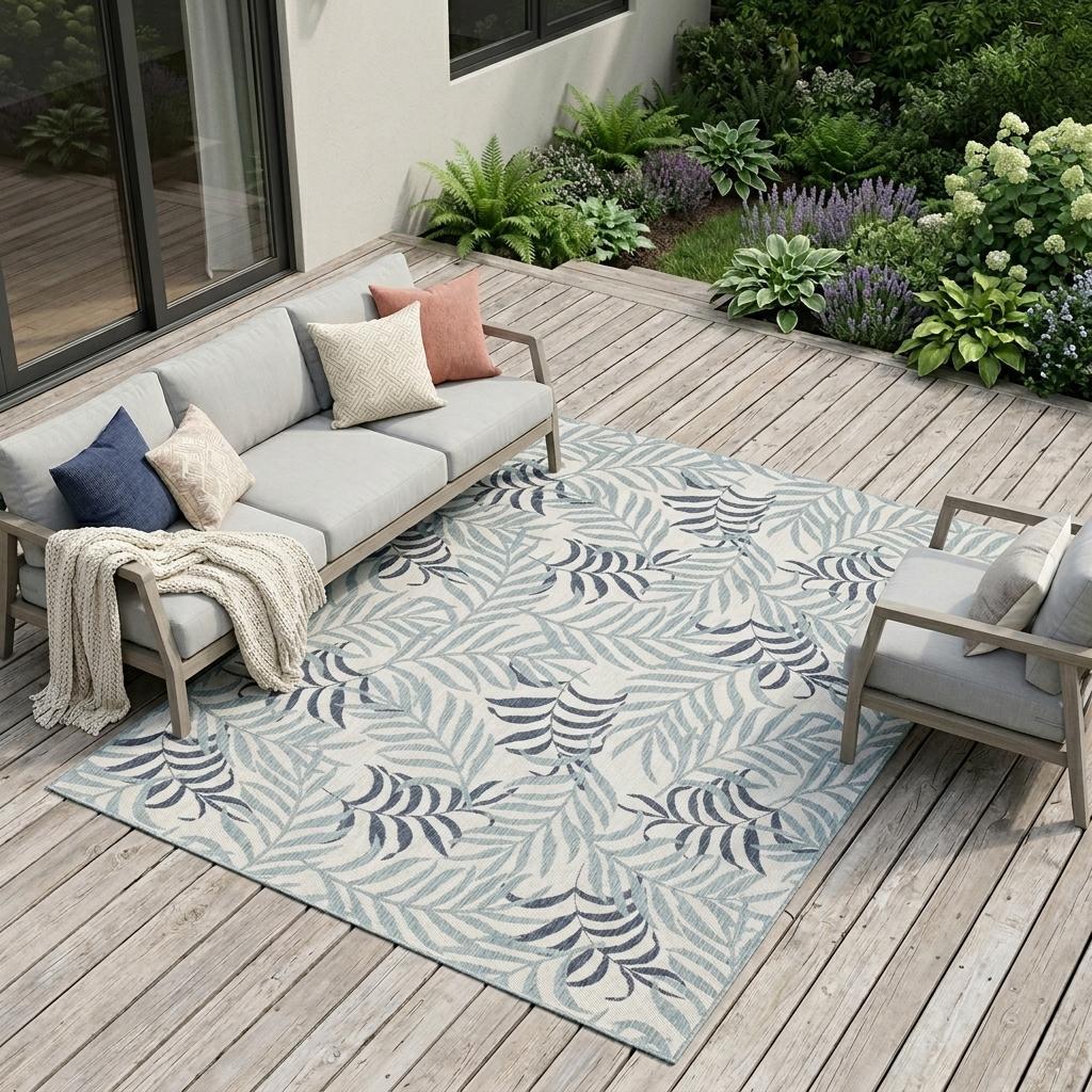 8 X 10 Ivory Sky Blue And Blue Palm Leaf Indoor Outdoor Area Rug