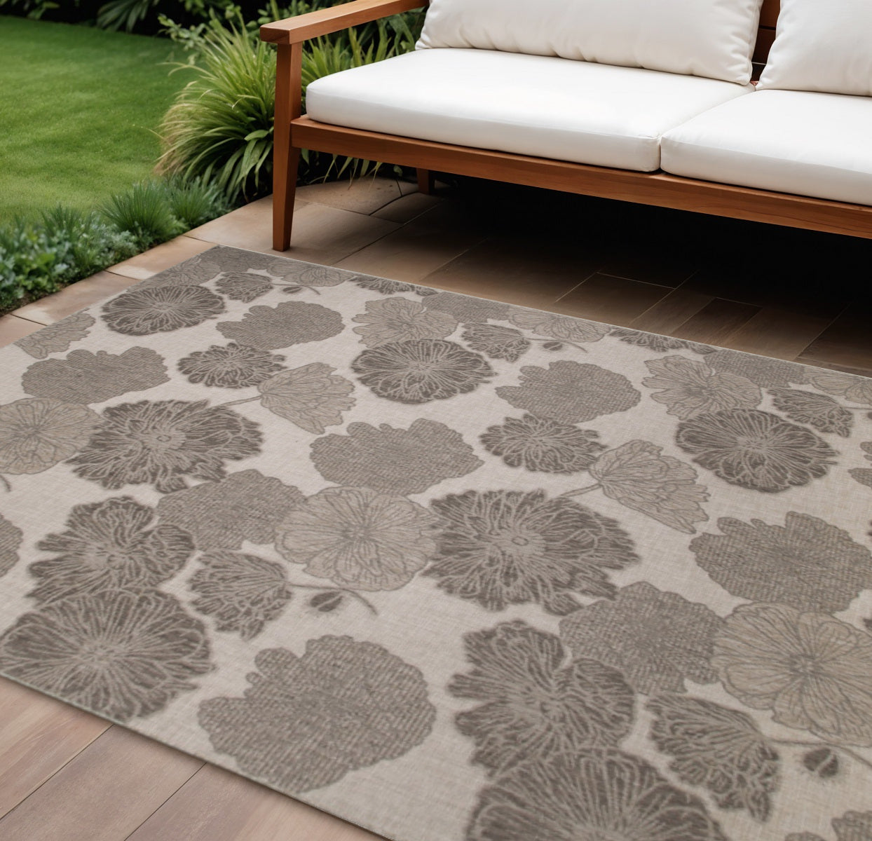 8 X 10 Taupe And Ivory Floral Indoor Outdoor Area Rug