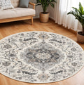 8' Ivory Black and Gray Floral Medallion Non Skid Round Rug