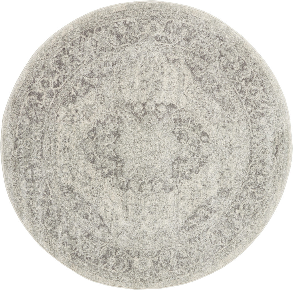 8' Ivory And Gray Floral Medallion Distressed Round Rug
