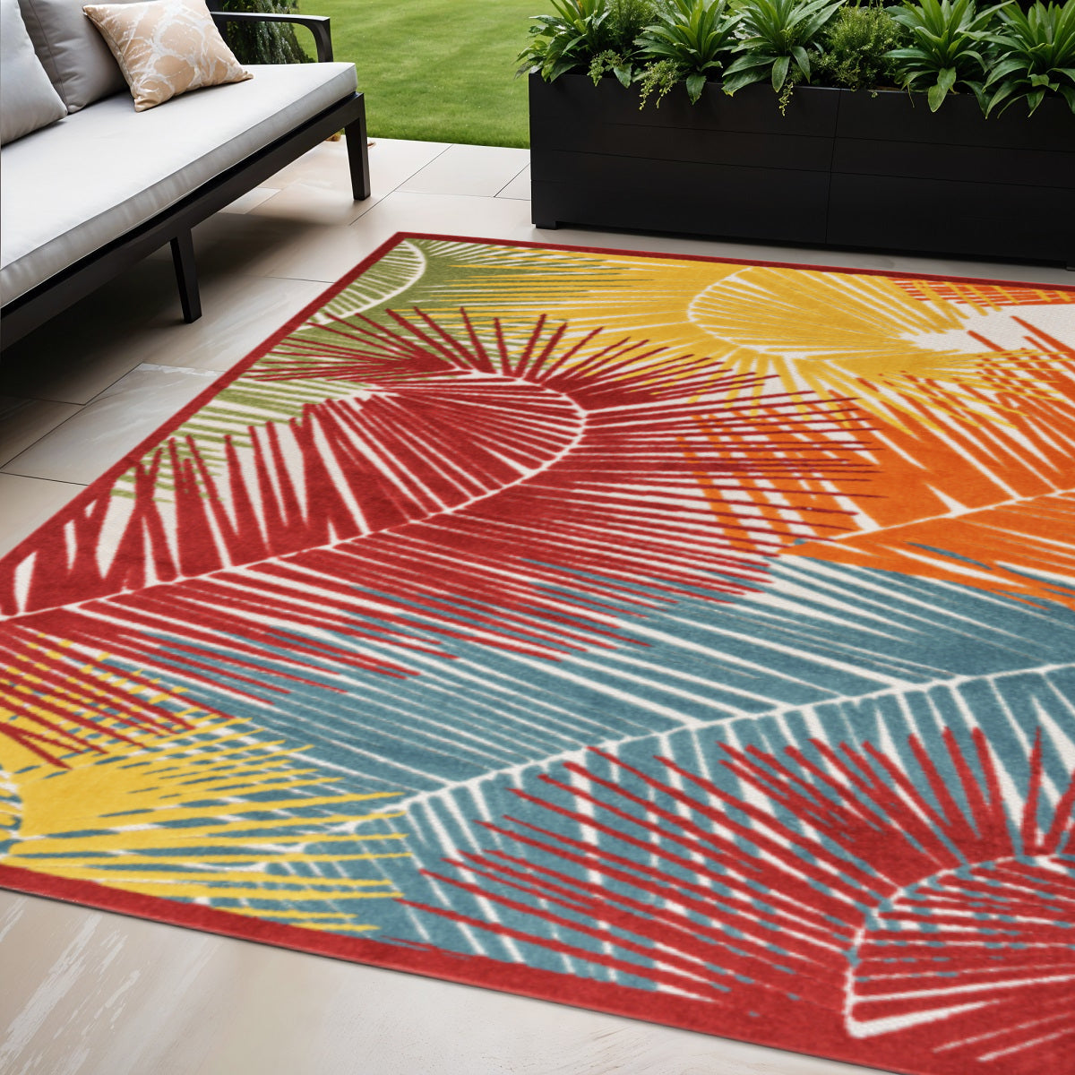5 X 7 Orange Yellow Red Blue And Green Palm Leaf Indoor Outdoor Area Rug