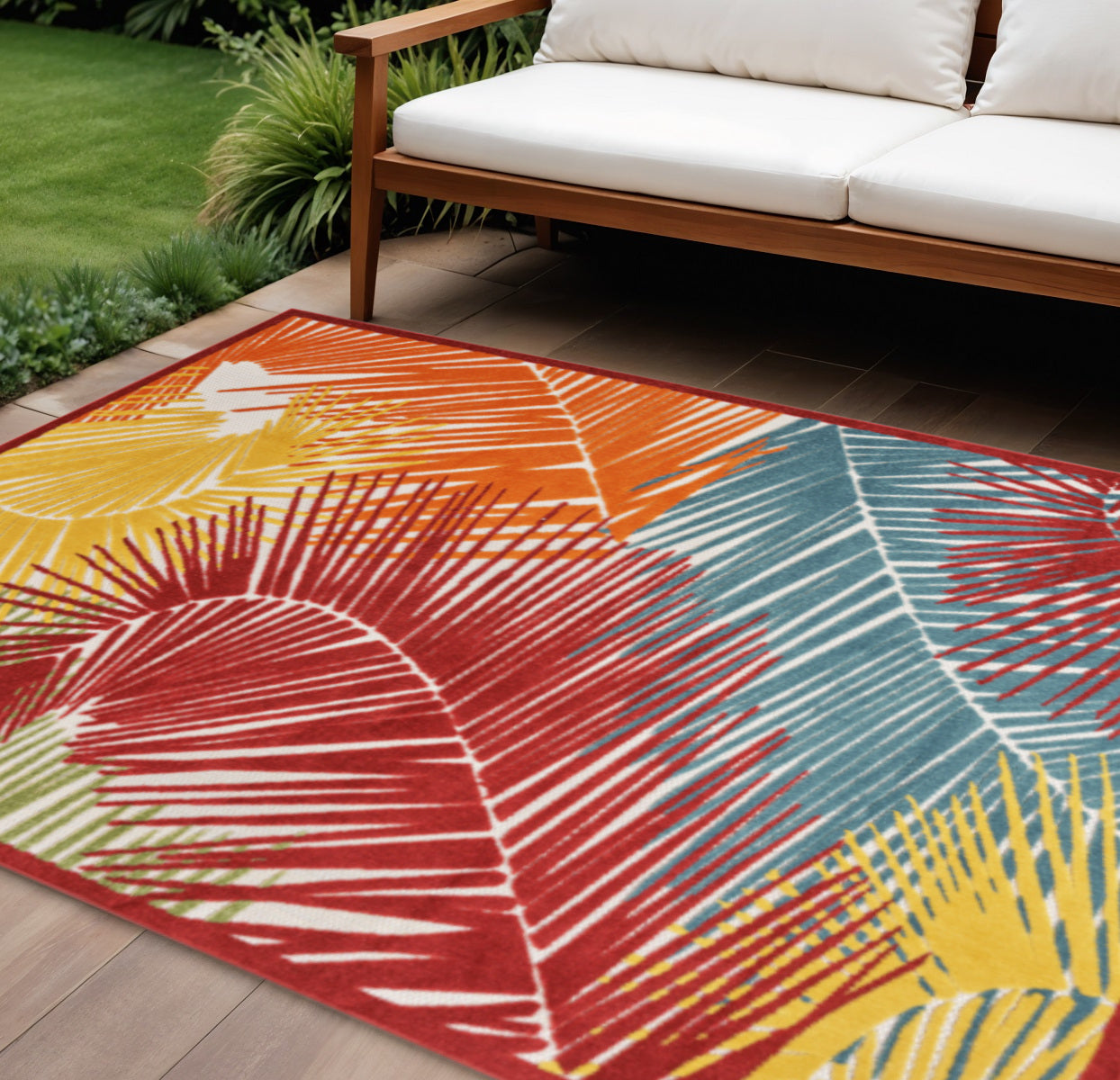 8 X 10 Orange Yellow Red Blue And Green Palm Leaf Indoor Outdoor Area Rug
